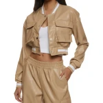 Patch Pockets Beige Leather Bomber Jacket