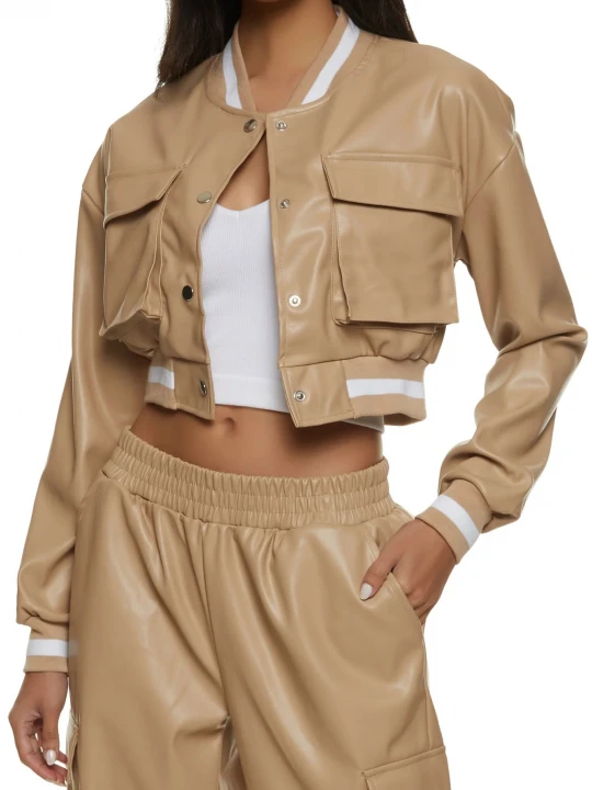 Patch Pockets Beige Leather Bomber Jacket