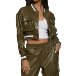 Patch Pockets Olive Green Leather Bomber Jacket