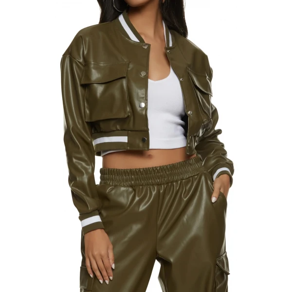 Patch Pockets Olive Green Leather Bomber Jacket