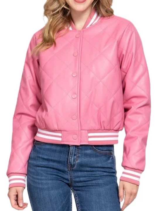 Quilted Pink Leather Bomber Jacket