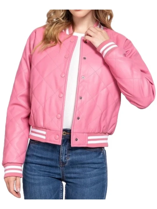 Quilted Pink Leather Bomber Jacket