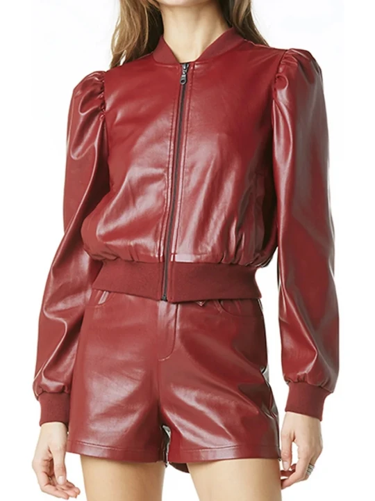 Red Cropped Leather Bomber Jacket