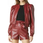 Red Cropped Leather Bomber Jacket