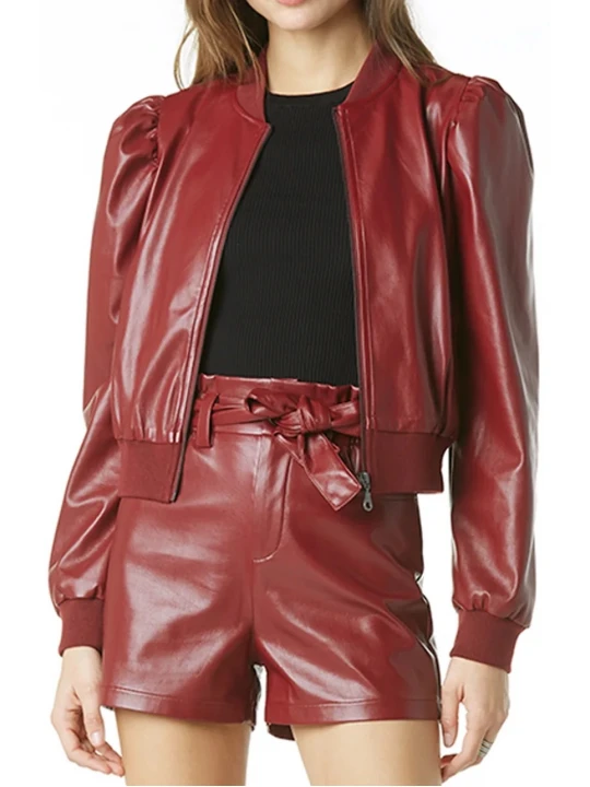 Red Cropped Leather Bomber Jacket