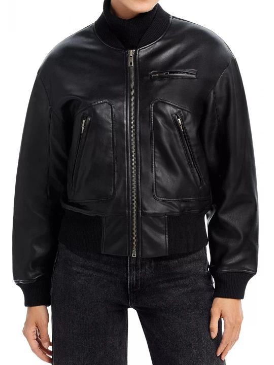 Ribbed Collar Black Leather Bomber Jacket