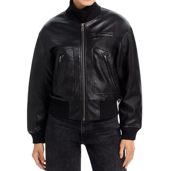Ribbed Collar Black Leather Bomber Jacket