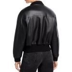 Ribbed Collar Black Leather Bomber Jacket