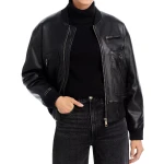 Ribbed Collar Black Leather Bomber Jacket