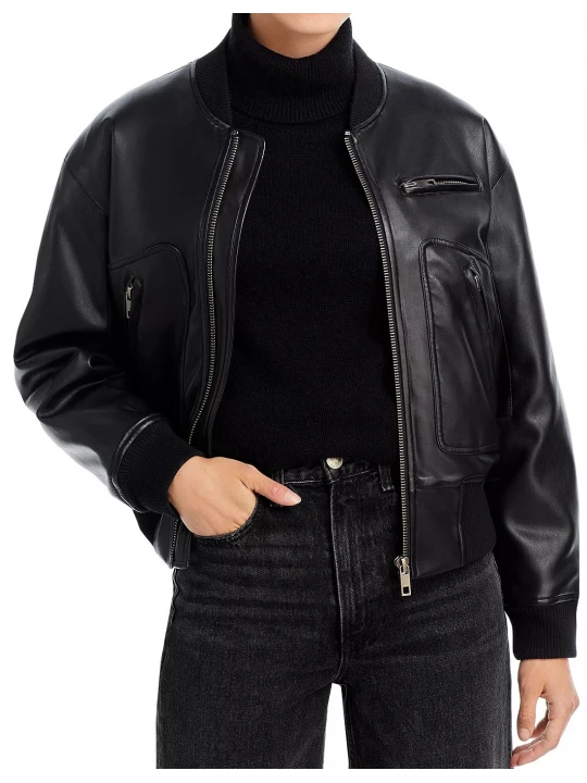 Ribbed Collar Black Leather Bomber Jacket