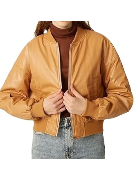 Ribbed Collar Cognac Leather Bomber Jacket