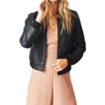 Ribbed Sleeve Black Leather Bomber Jacket
