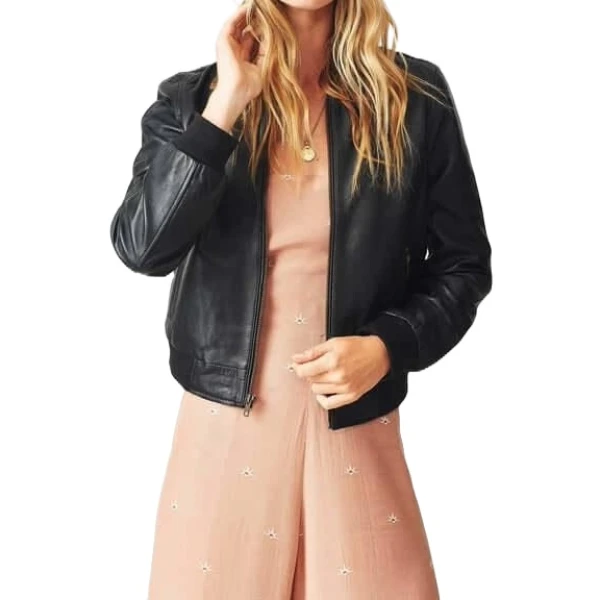Ribbed Sleeve Black Leather Bomber Jacket