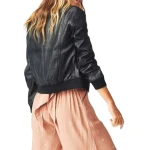 Ribbed Sleeve Black Leather Bomber Jacket
