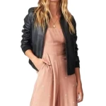 Ribbed Sleeve Black Leather Bomber Jacket