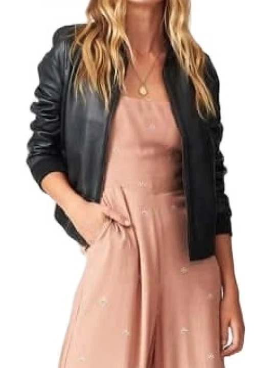 Ribbed Sleeve Black Leather Bomber Jacket