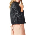 Ribbed Sleeve Black Leather Bomber Jacket