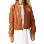 Ribbed Sleeve Cognac Leather Bomber Jacket