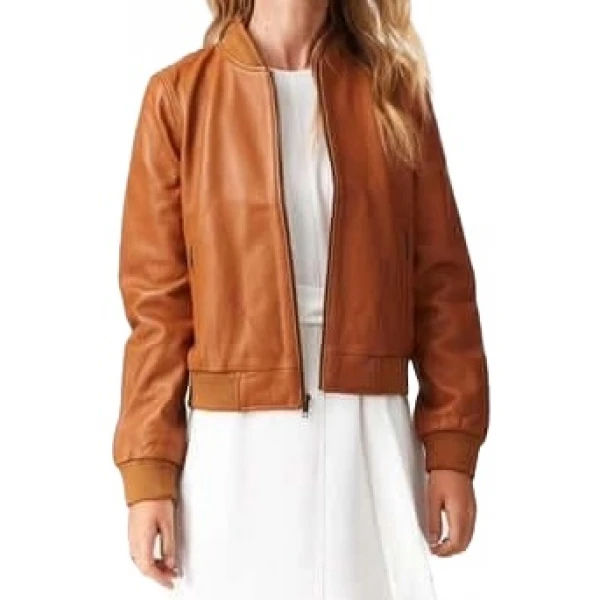 Ribbed Sleeve Cognac Leather Bomber Jacket