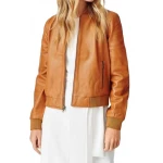 Ribbed Sleeve Cognac Leather Bomber Jacket