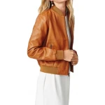 Ribbed Sleeve Cognac Leather Bomber Jacket