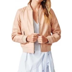 Ribbed Sleeve Pink Leather Bomber Jacket