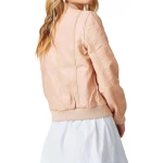 Ribbed Sleeve Pink Leather Bomber Jacket