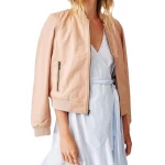 Ribbed Sleeve Pink Leather Bomber Jacket