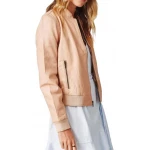Ribbed Sleeve Pink Leather Bomber Jacket