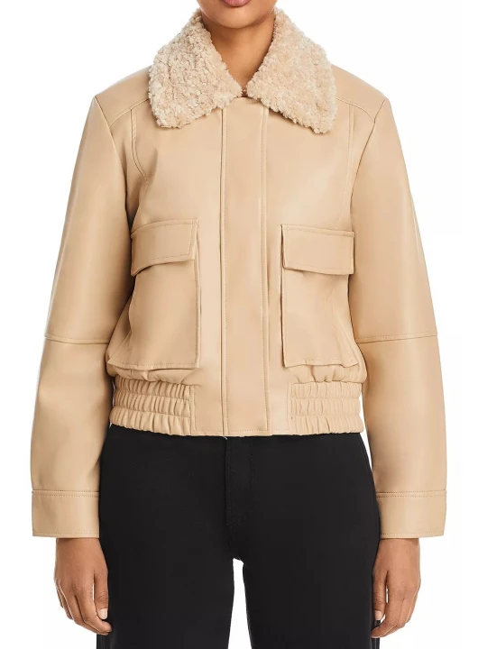 Shearling Collar Beige Leather Bomber Jacket