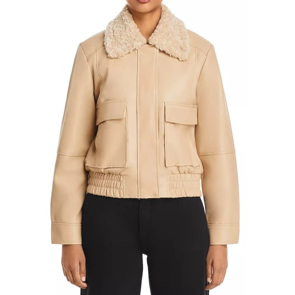 Shearling Collar Beige Leather Bomber Jacket
