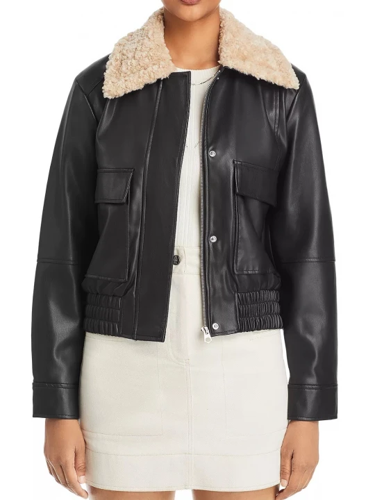 Shearling Collar Black Leather Bomber Jacket
