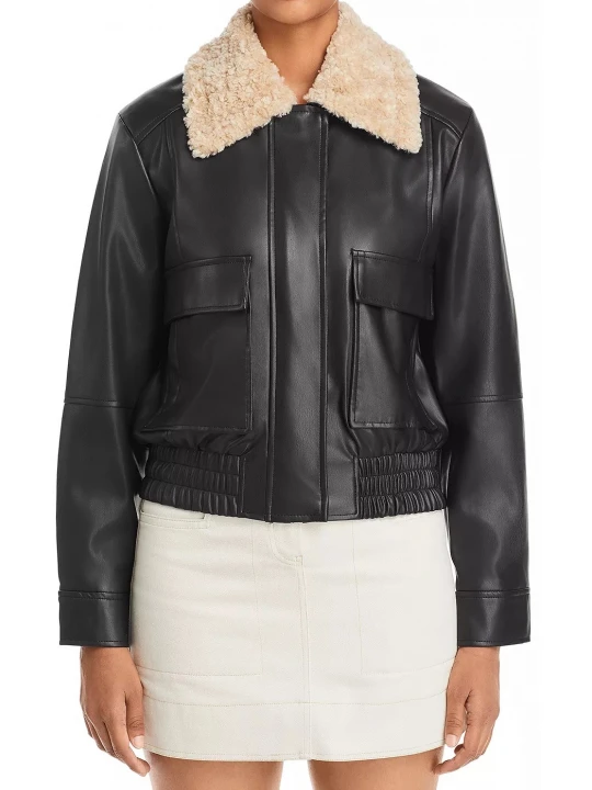 Shearling Collar Black Leather Bomber Jacket