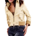 Shirt Collar Beige Leather Bomber Jacket