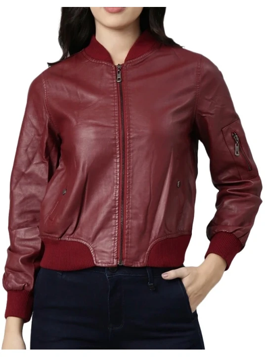 Sleeve Pocket Detailing Maroon Leather Bomber Jacket