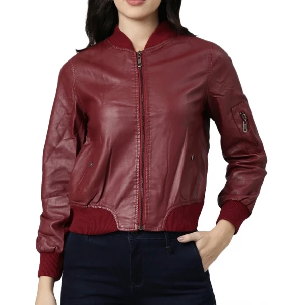 Sleeve Pocket Detailing Maroon Leather Bomber Jacket