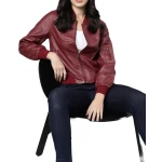 Sleeve Pocket Detailing Maroon Leather Bomber Jacket