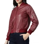 Sleeve Pocket Detailing Maroon Leather Bomber Jacket