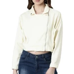 Sleeve Pocket Detailing White Leather Bomber Jacket