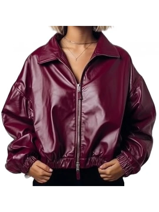 Spread Collar Burgundy Leather Bomber Jacket
