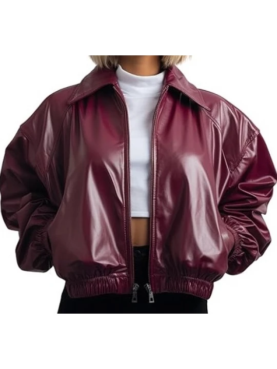 Spread Collar Burgundy Leather Bomber Jacket