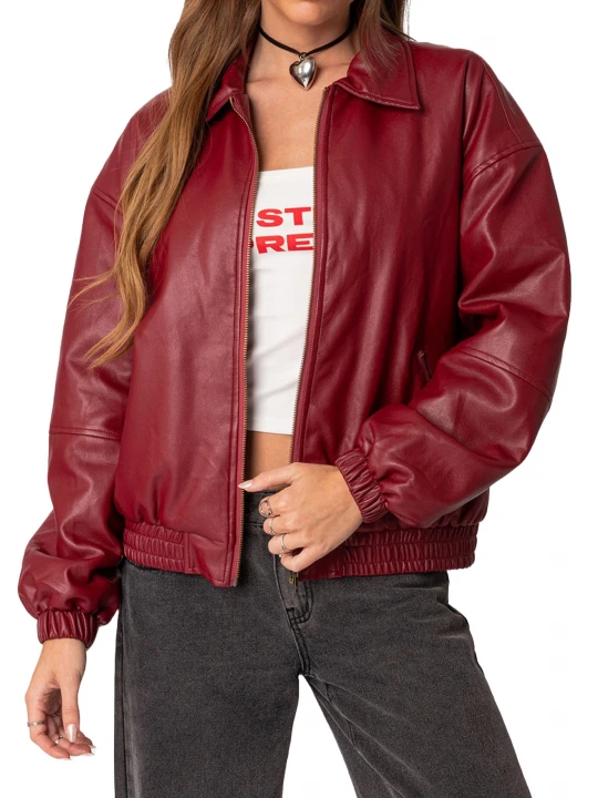 Spread Collar Maroon Leather Bomber Jacket