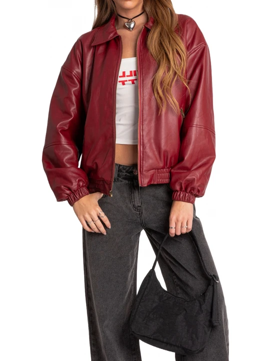 Spread Collar Maroon Leather Bomber Jacket