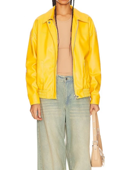 Spread Collar Yellow Leather Bomber Jacket