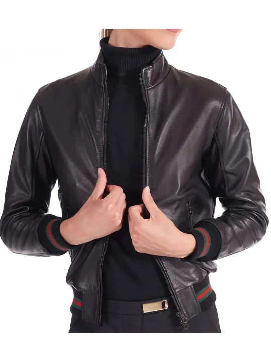 Stand Up Collar Black Leather Bomber Jacket