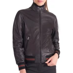 Stand Up Collar Black Leather Bomber Jacket