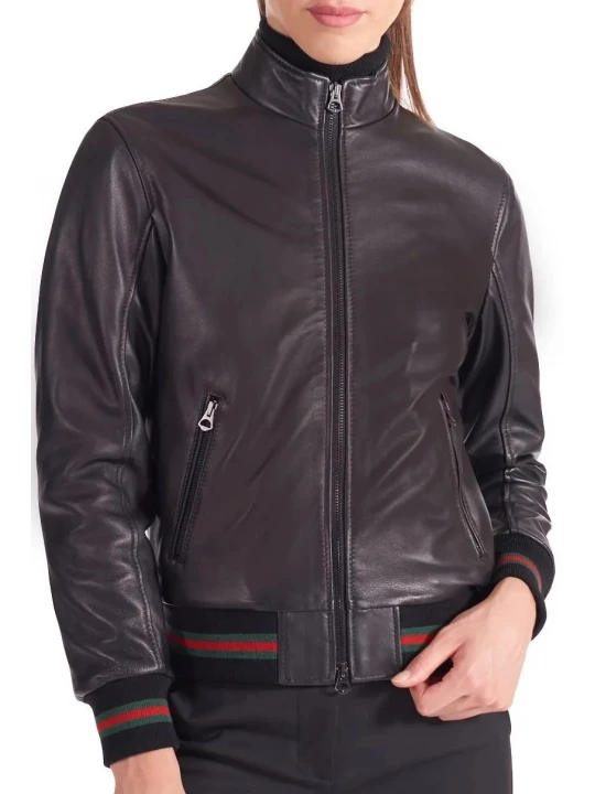 Stand Up Collar Black Leather Bomber Jacket