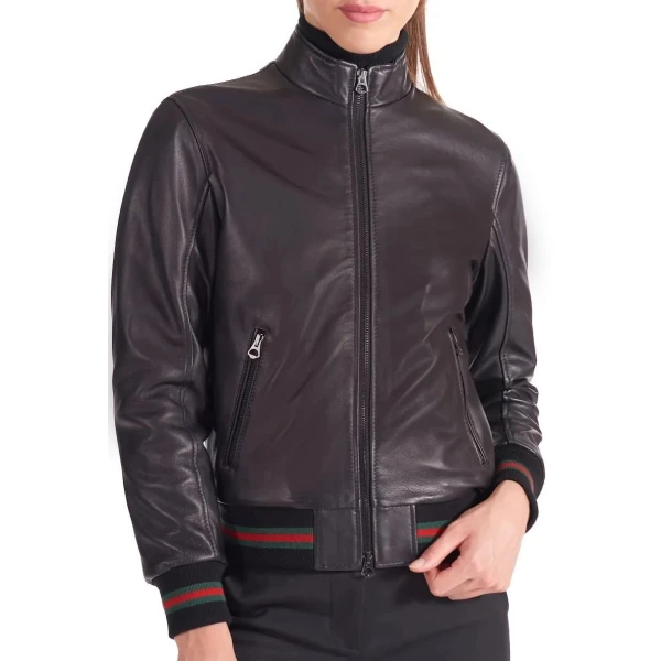 Stand Up Collar Black Leather Bomber Jacket