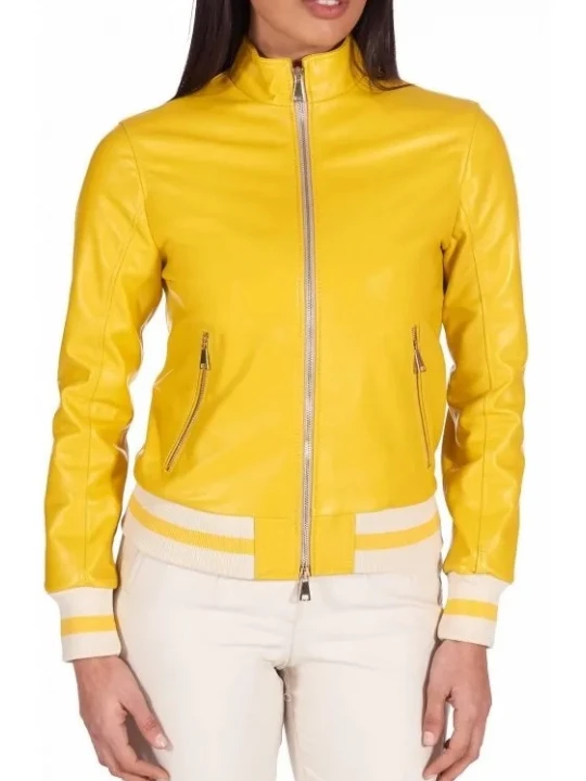 Stand Up Collar Yellow Leather Bomber Jacket