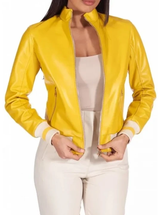 Stand Up Collar Yellow Leather Bomber Jacket